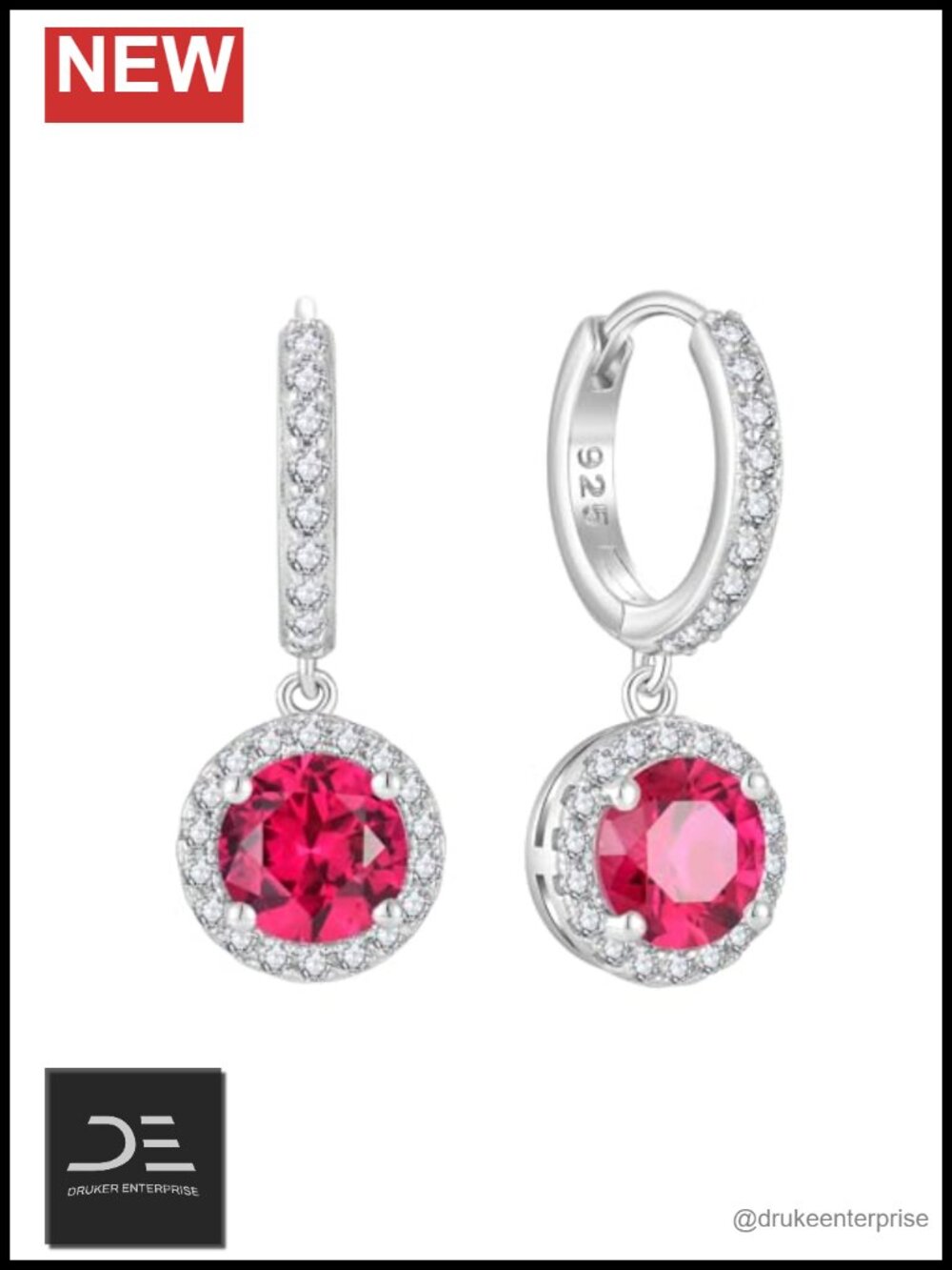 Sterling Silver Huggie Hoop Earrings with Created Ruby Birthstone Drop Charm